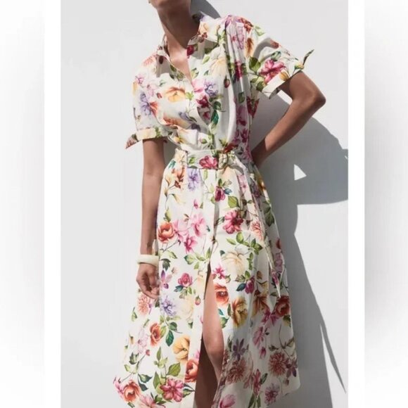 ZARA PRINTED POPLIN MIDI DRESS - Picture 1 of 7